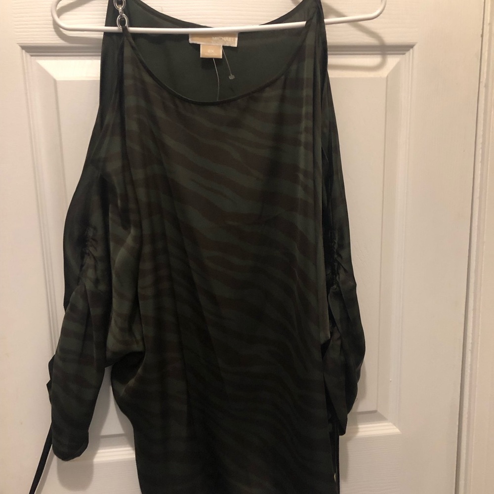 Michael Kors Olive Green Sheer Zebra-Stripe Cold-Shoulder Tunic